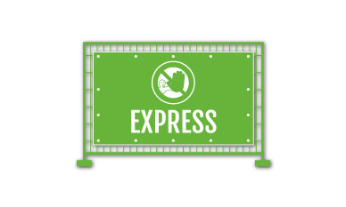 Ein Baustellenzaunbanner mit dem Wort „EXPRESS“ in großen Buchstaben, ein Handzeichen zum Anhalten und ein Warnschild mit einer arbeitenden Person, alles auf grauem Hintergrund mit grünem Rand.