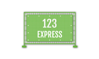 Bauzaunbanner mit einem grünen und grauen Design, Social-Media-Symbolen und dem Wort