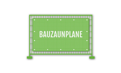 Bauzaunbanner mit grün-grauem Design, Social-Media-Symbolen (Facebook, LinkedIn, Instagram) und dem Text „einszweidrei“.