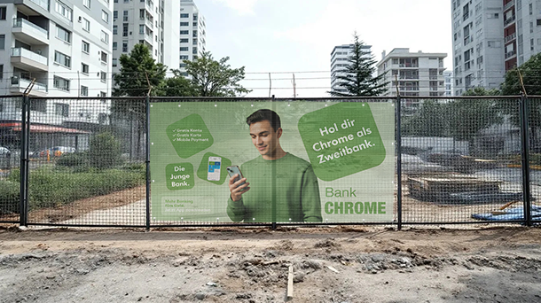 Ein großes Werbebanner an einem Bauzaun zeigt einen jungen Mann mit einem Smartphone und wirbt mit einem deutschen Text für die Chrome-Bank, die dazu aufruft, Chrome als Zweitbank zu nutzen. Im Hintergrund sind Wohnhäuser und Baumaterialien zu sehen.