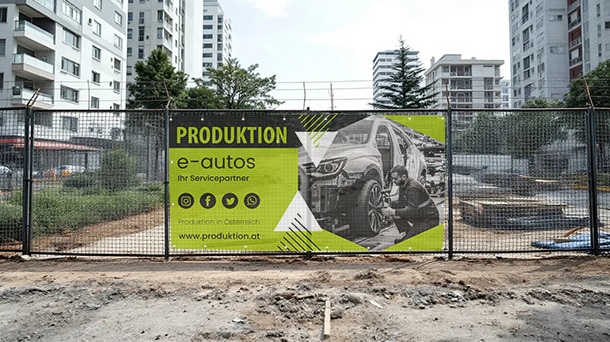Ein Bauzaun mit einem großen, hellgrünen Banner, das für einen Hersteller von Elektroautos wirbt. Das Banner zeigt Text, Social-Media-Symbole und ein Schwarz-Weiß-Foto einer Person, die an einem Auto arbeitet. Im Hintergrund sind Wohnhäuser zu sehen.