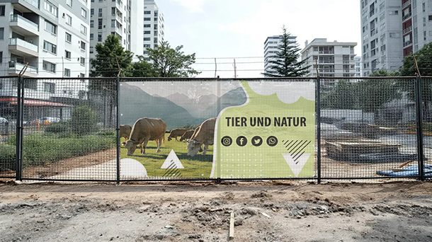 Ein Werbebanner an einem Bauzaun in einem Stadtgebiet zeigt ein Bild von Kühen, die auf einer grünen Wiese grasen, im Hintergrund Berge und den Text „Tier und Natur“ neben Grafiken zum Thema Natur und Social-Media-Symbolen.