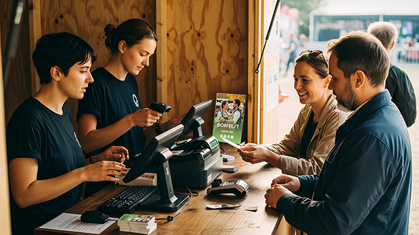 Zwei Festivalmitarbeiter kontrollieren und scannen an einem hölzernen Ticketstand die Eintrittskarten für zwei lächelnde Besucher des Dorffestes. Auf dem Tresen befindet sich ein Schild mit Veranstaltungsinformationen.