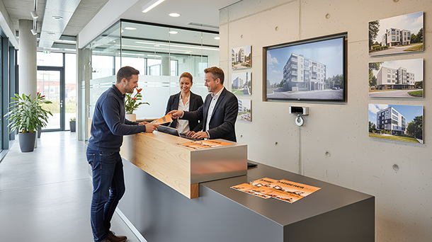 Ein Mann steht an einem modernen Empfangstresen in einem Bürogebäude und erhält einen Flyer von einem Mitarbeiter, während eine Kollegin daneben steht; an der Wand hängen Architekturvisualisierungen von Gebäuden.