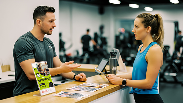 Ein Mann und eine Frau unterhalten sich an einem Tresen in einem Fitnessstudio. Die Frau hält einen Flyer in der Hand, während der Mann gestikuliert und erklärt. Auf dem Tresen steht ein Aufsteller mit einem Gesundheitsflyer und weiteren Broschüren.