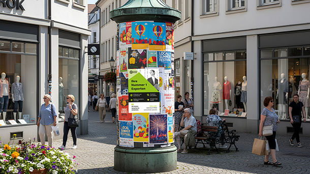 Ein zylindrischer Werbepfeiler in einer Fußgängerzone ist mit bunten Plakaten für verschiedene lokale Veranstaltungen und Geschäfte beklebt. Passanten flanieren und kaufen in der Nähe ein, und Schaufenster mit Schaufensterpuppen säumen die Straße.