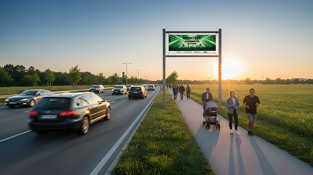 Mehrspurige Straße mit Autos neben einem Fußweg, auf dem Menschen spazieren gehen; darüber hängt ein großes PVC-Werbebanner für ein Rockfest an einem Gestell, die Sonne geht am Horizont unter.