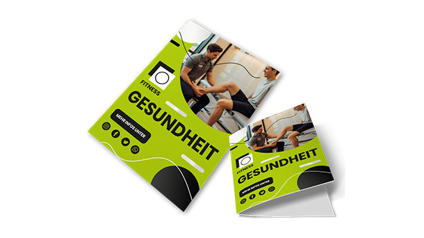 Zwei grüne und schwarze Fitness-Flyer zeigen prominent das Wort „GESUNDHEIT“, ein Bild einer Person, die Physiotherapie erhält, und Symbole, die soziale Medien repräsentieren.