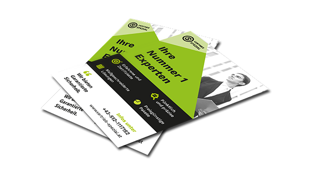 Zwei übereinanderliegende Werbeplakate auf Deutsch, gestaltet in Grün, Schwarz und Weiß, mit dem Text „Ihre Nummer 1 Experten“ und Kontaktinformationen; ein stilisiertes Foto einer Person im Anzug ist auf einem der Plakate zu sehen.