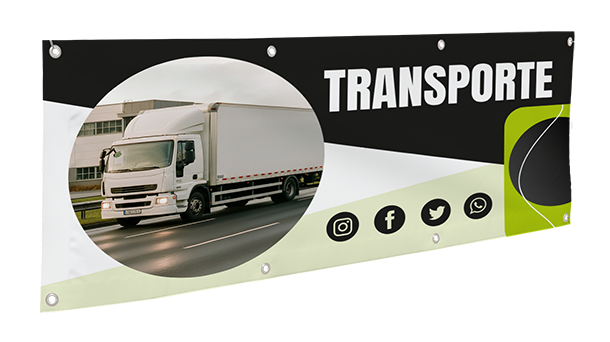Ein PVC-Banner mit einem großen Bild eines weißen Lieferwagens auf einer Straße, dem Wort „TRANSPORTE“ in fetten Buchstaben und Social-Media-Symbolen für Instagram, Facebook, Twitter und WhatsApp.