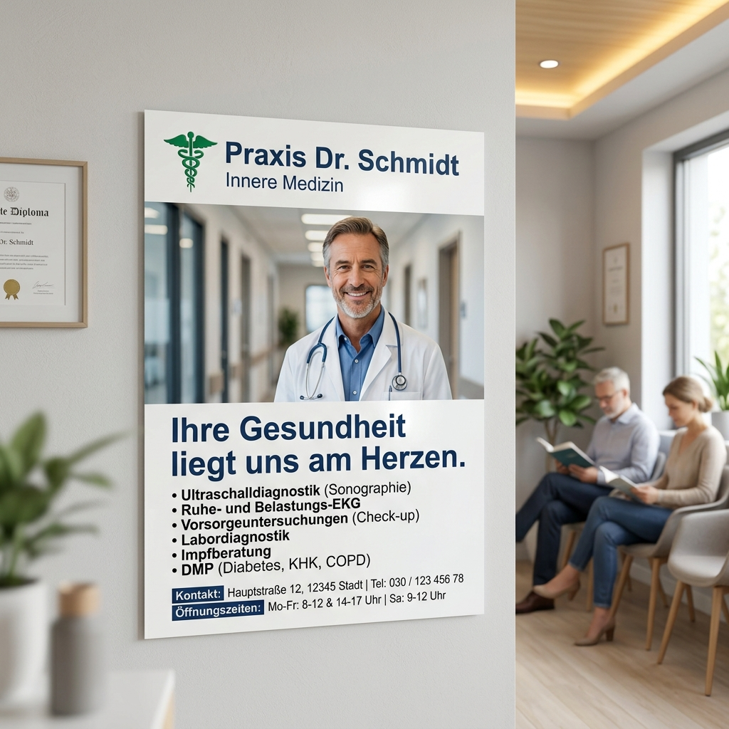 A medical clinic poster shows a smiling male doctor in a white coat with text in German promoting Dr. Schmidt's internal medicine practice and listing services like ultrasound diagnostics, EKG, check-ups, lab diagnostics, and vaccinations. In the background, two people sit in a waiting area, reading.