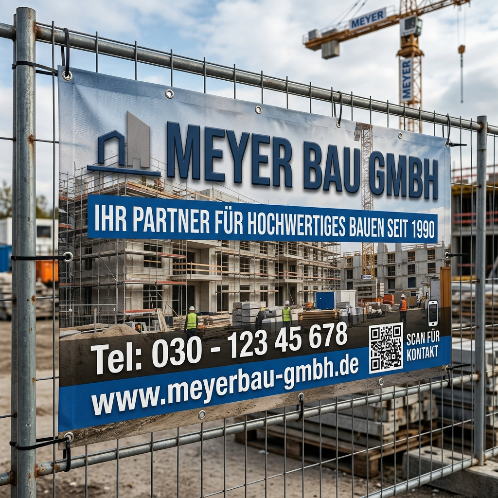 A construction site banner attached to a metal fence displays