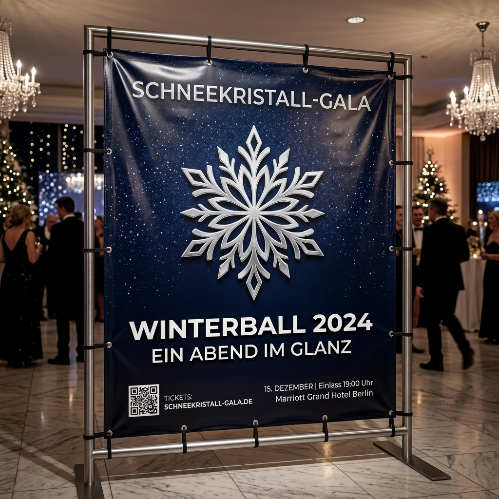 A large banner at a gala event displays a silver snowflake design on a blue, starry background with the text