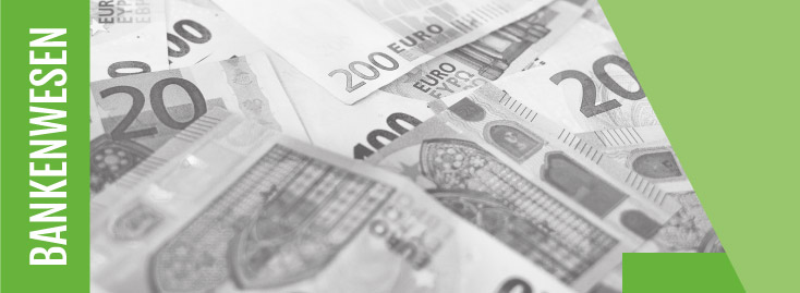 Mehrere Euro-Banknoten in verschiedenen Stückelungen liegen ausgebreitet, links davon befindet sich ein grünes, vertikales Banner mit der Aufschrift „BANKENWESEN“ in weißen Großbuchstaben.