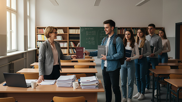 Eine Gruppe Studenten steht in einem Hörsaal Schlange, um ihre Bachelorarbeiten bei einem lächelnden Dozenten hinter einem mit Papieren vollgestapelten Schreibtisch abzugeben.