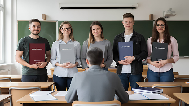 Fünf Studenten stehen vorne in einem Klassenzimmer und halten ihre Bachelorarbeiten in den Händen. Sie blicken auf eine sitzende Person, bei der es sich anscheinend um einen Prüfer oder Dozenten handelt.