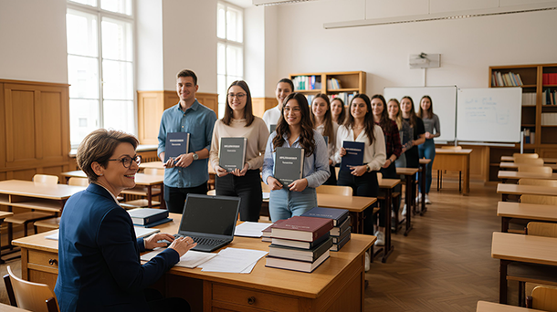 Eine Gruppe von Studenten, die ihre Abschlussarbeiten in der Hand halten, steht in einem Klassenzimmer Schlange und nähert sich einem Dozenten, der an einem Schreibtisch mit einem Laptop und Bücherstapeln sitzt, um eine formelle Einreichung oder Begutachtung ihrer Diplomarbeiten anzuregen.