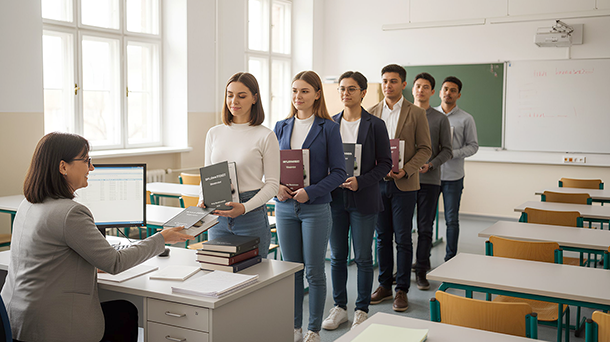 Mehrere Studenten stehen in einem Klassenzimmer Schlange, jeder hält eine Abschlussarbeit oder Dissertation in der Hand, und warten darauf, ihre Arbeit einem sitzenden Lehrer an einem Schreibtisch abzugeben.