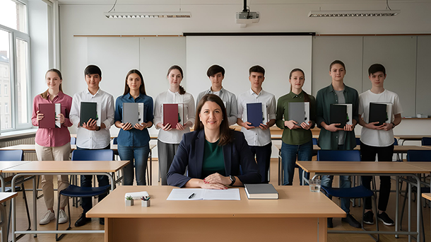 Im Vordergrund sitzt eine Lehrerin an einem Schreibtisch, während hinter ihr in einem Klassenzimmer eine Gruppe von Schülern steht, die jeweils eine Mappe mit ihrer Abschlussarbeit oder ihrem Diplom in der Hand halten, was auf den Abschluss oder die Präsentation ihrer akademischen Arbeit hindeutet.