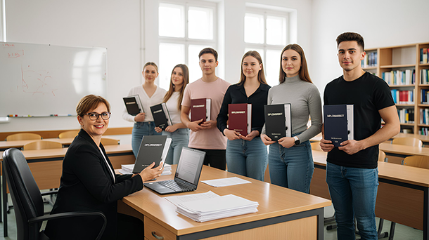 Eine Gruppe von sechs jungen Erwachsenen steht in einem Klassenzimmer und hält gebundene Abschlussarbeiten mit der Aufschrift „Diplomarbeit“ in den Händen, während eine Frau, die an einem Schreibtisch mit Papieren und einem Laptop sitzt, in die Kamera lächelt.