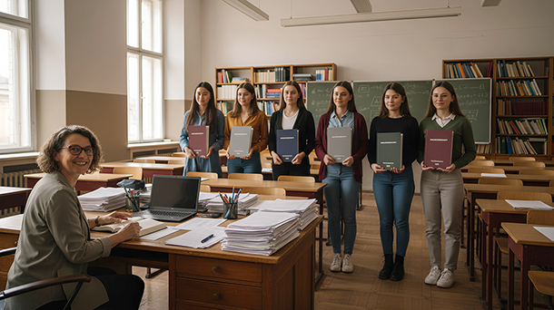 Eine Gruppe von sechs jungen Frauen steht in einem Klassenzimmer und hält ihre gebundenen Habilitationsschriften in den Händen, während eine lächelnde Dozentin an einem Schreibtisch sitzt, der mit Dokumenten, einem Laptop und Büromaterialien bedeckt ist.