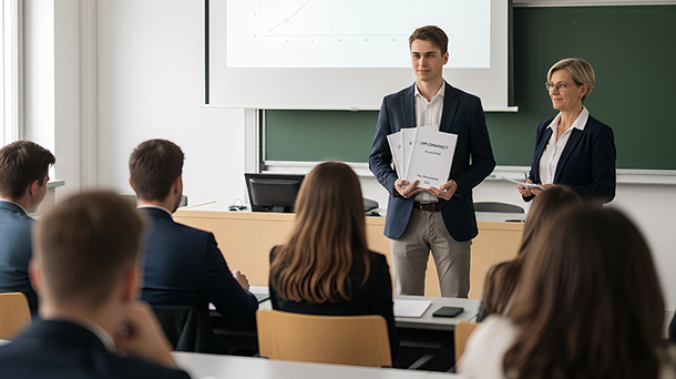 Drei weiße, broschierte Diplombücher mit Klebebindung sind übereinandergestapelt, wobei das vorderste Buch in fetter schwarzer Schrift mit „DIPLOMARBEIT“, „Mustertitel“, „Max Mustermann“ und „2025“ beschriftet ist.