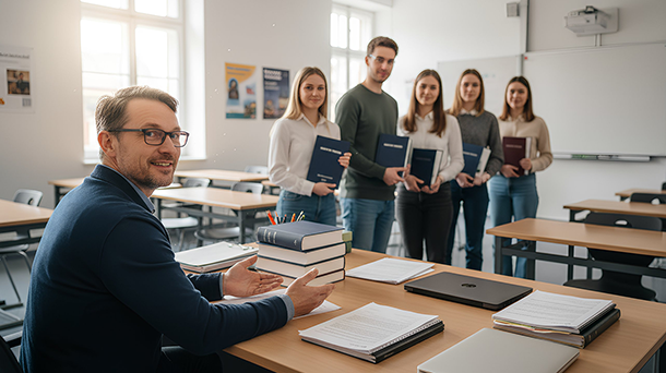 In einem Hörsaal sitzt ein Professor an einem Schreibtisch mit einem Stapel Bücher und Papiere, während fünf Studenten in einer Reihe stehen, ihre Masterarbeiten in der Hand halten und in die Kamera lächeln.