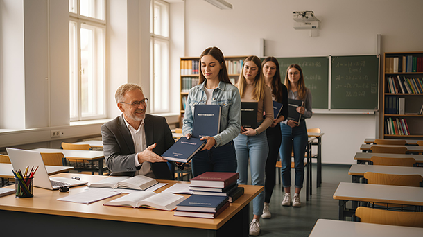 Eine Gruppe von Studenten steht in einem Klassenzimmer Schlange, jeder hält eine mit „Masterarbeit“ beschriftete Arbeit in der Hand, während sie diese einem lächelnden Lehrer reichen, der an einem Schreibtisch mit Stapeln von Büchern und offenen Notizbüchern sitzt.