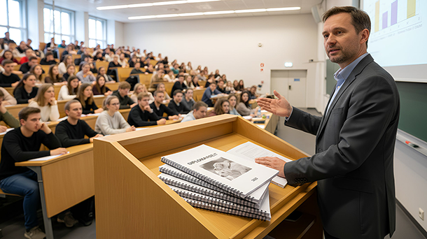 Ein Professor steht an einem Rednerpult in einem überfüllten Hörsaal einer Universität. Vor ihm stapeln sich mehrere spiralgebundene Dissertationen mit der Aufschrift „Diplomarbeit“. Er spricht zu aufmerksamen Studenten, die in gestaffelten Reihen sitzen.