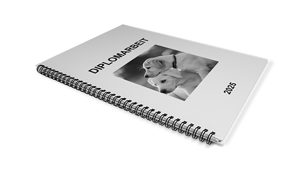 Eine spiralgebundene Abschlussarbeit mit weißem Einband, auf dem das Wort „DIPLOMARBEIT“, ein Schwarz-Weiß-Foto von zwei Labradorwelpen und die Jahreszahl „2025“ aufgedruckt sind.