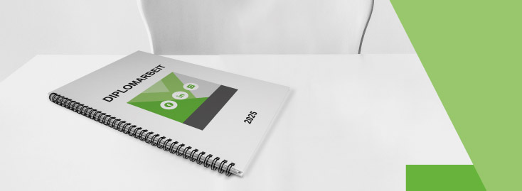 Eine spiralgebundene Diplomarbeit mit schwarzer Spirale, weißem Einband, farbiger geometrischer Grafik und dem auf der Vorderseite aufgedruckten Text „DIPLOMARBEIT“ und „2023“.