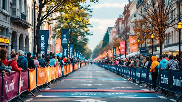Eine Menschenmenge säumt auf beiden Seiten einer Stadtstraße hinter Absperrungen und wartet auf den Beginn eines Rennens oder einer Parade; bunte Banner und Herbstbäume sind entlang der Straße zu sehen.