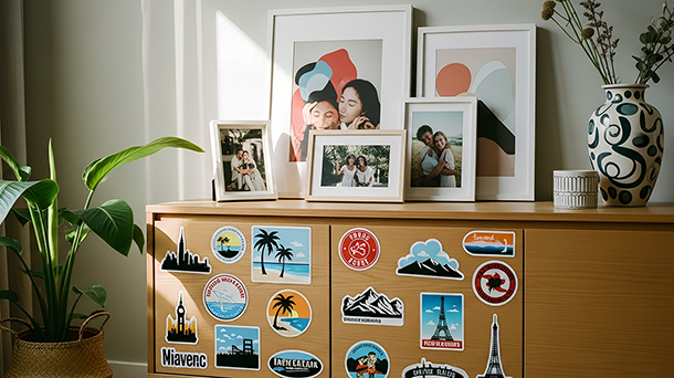 Ein mit bunten Reiseaufklebern verzierter Holzschrank lehnt an der Wand. Darauf stehen mehrere gerahmte Familienfotos, abstrakte Kunstdrucke und eine dekorative Vase mit Trockenblumen. Links vom Schrank steht eine große, üppig belaubte Pflanze in einem geflochtenen Korb, und Sonnenlicht fällt durch ein nahegelegenes Fenster.