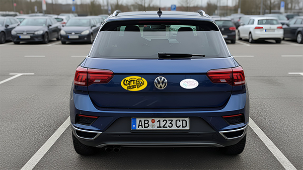 Ein blauer Volkswagen SUV steht auf einem Parkplatz, von hinten betrachtet, mit zwei ovalen Aufklebern am Heck: ein gelber mit schwarzer Schrift links und ein weißer mit farbiger Schrift rechts.