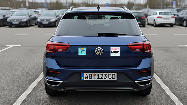Ein blauer Volkswagen SUV steht auf einem Parkplatz. Am Heck befinden sich zwei quadratische Aufkleber – einer links mit einem Haussymbol und einer rechts mit der Aufschrift „BABY SHOP“.