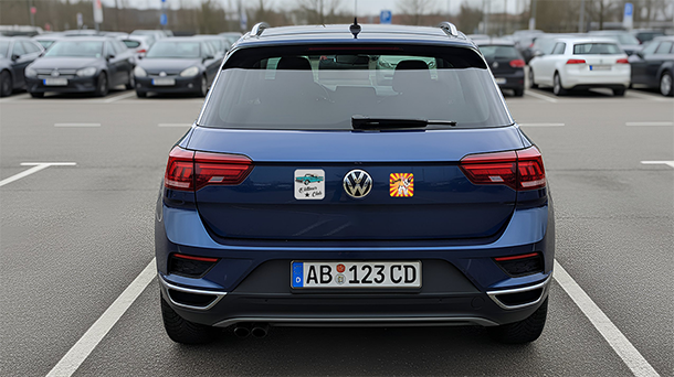 Die Rückansicht eines blauen Volkswagen SUV, der auf einem Parkplatz abgestellt ist, mit zwei quadratischen Aufklebern mit abgerundeten Ecken auf der Heckklappe: einer mit einer Grafik und Text auf der linken Seite und ein helles, gemustertes Design auf der rechten Seite.