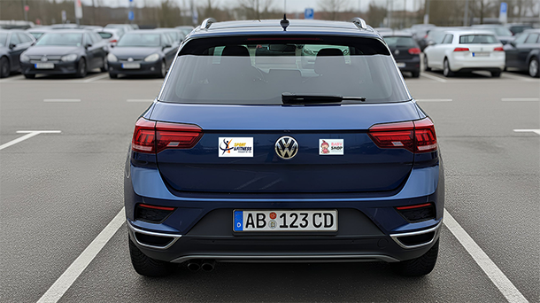 Ein blauer Volkswagen SUV steht auf einem Parkplatz, Aufnahme von hinten. Das Auto hat zwei Aufkleber auf dem Kofferraumdeckel, und das Kennzeichen lautet „AB 123 CD“.
