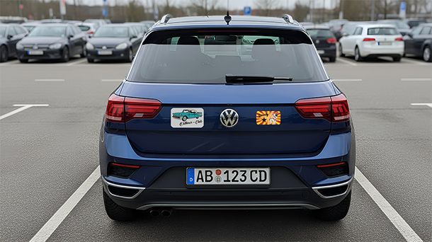 Ein blauer Volkswagen SUV steht auf einem Parkplatz, von hinten gesehen. Zwei rechteckige Aufkleber mit abgerundeten Ecken zieren die Heckklappe: einer links mit Text und Bild, der andere rechts mit einem farbenfrohen geometrischen Muster.