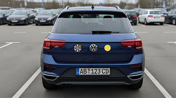 Auf einem Parkplatz steht ein blauer Volkswagen SUV mit zwei runden Aufklebern am Heck: einer schwarz-weiß und einer gelb mit einem weißen Symbol.