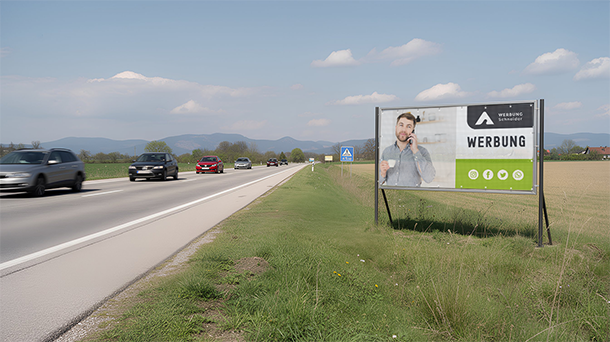 Auf einer Grünfläche neben einer Autobahn steht eine Werbetafel mit einem Mann, der telefoniert, und dem Wort „WERBUNG“. Mehrere Autos fahren die Straße entlang unter einem leicht bewölkten Himmel; in der Ferne sind Berge zu sehen.