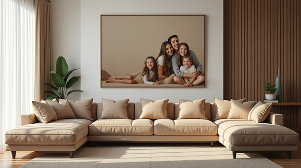 Ein modernes Wohnzimmer mit einer großen, beigefarbenen Eckcouch und mehreren Kissen. Über der Couch hängt ein gerahmtes Familienporträt von vier lächelnden Personen an der Wand. Natürliches Licht fällt durch ein Fenster mit beigefarbenen Vorhängen, und grüne Pflanzen setzen farbliche Akzente.