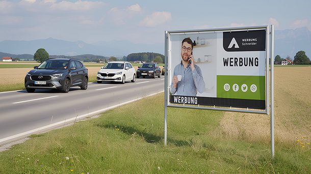 Mehrere Autos fahren eine Landstraße entlang, im Hintergrund erheben sich Berge, während eine große Werbetafel am Straßenrand für