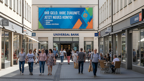Eine Fußgängerzone mit Menschen, die spazieren gehen und an Tischen im Freien sitzen, führt zu einem Gebäude mit einem Schild „UNIVERSAL BANK“; über dem Eingang befindet sich eine große, farbenfrohe Werbung in deutscher Sprache, die für neue Bankkonten wirbt.