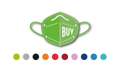 Ein Set aus sieben FFP2-Masken in verschiedenen Farben, darunter Grau, Grün, Lila, Rosa, Rot und Schwarz, die fächerförmig angeordnet sind.