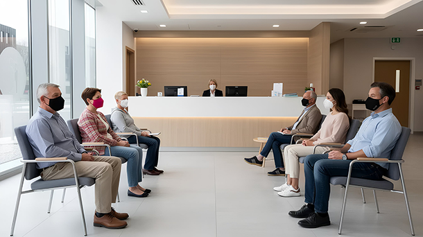 Mehrere Personen mit FFP2-Masken sitzen in einem Wartezimmer einer Arztpraxis und halten Abstand; im Hintergrund ist eine Rezeptionistin hinter einem Tresen zu sehen.