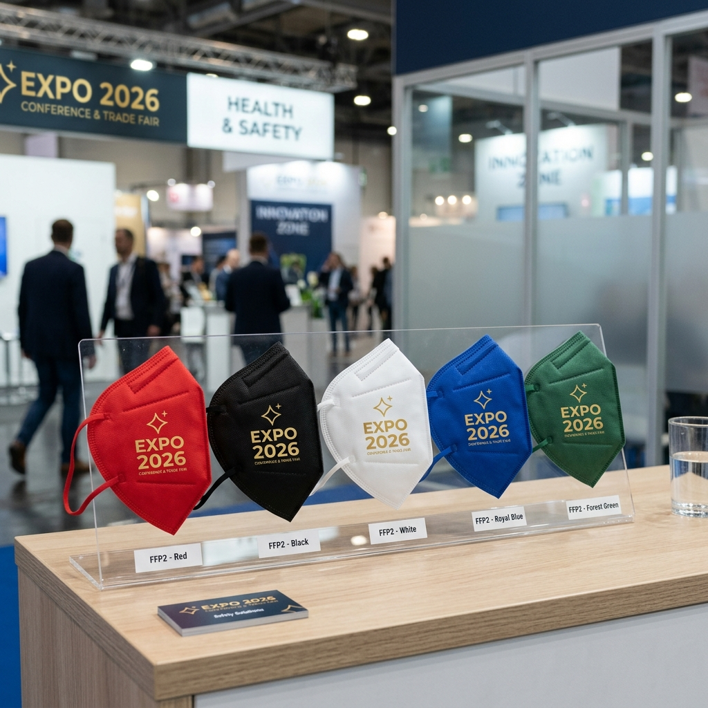 A display of five Expo 2026 branded FFP2 masks in red, black, white, royal blue, and forest green is arranged on a clear stand atop a counter at a trade fair, with people and exhibition booths visible in the blurred background.