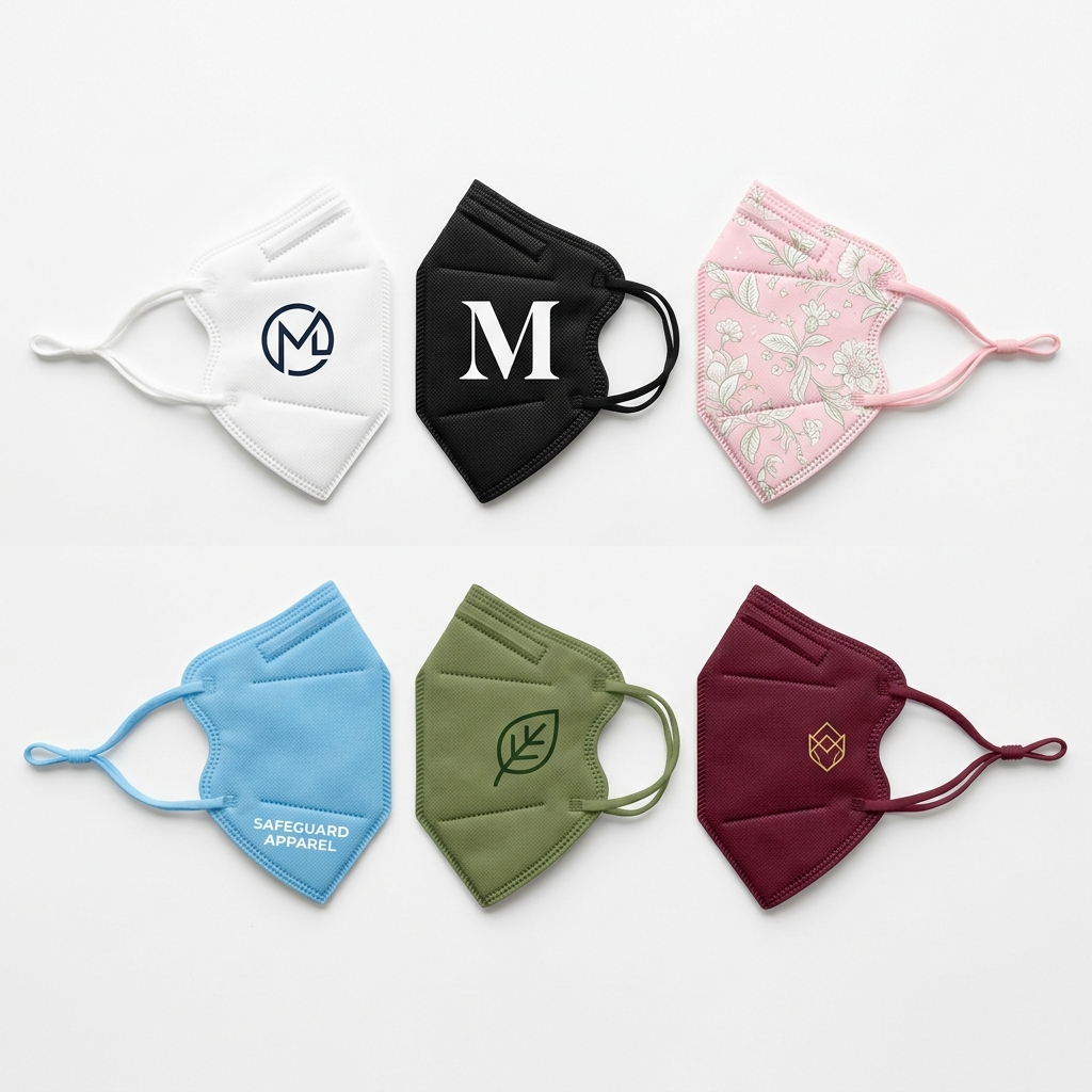 Six reusable face masks are arranged in two rows on a white background; the top row features white, black, and pink floral masks with logos, while the bottom row displays light blue, olive green with a leaf icon, and burgundy masks, each with different designs or branding.