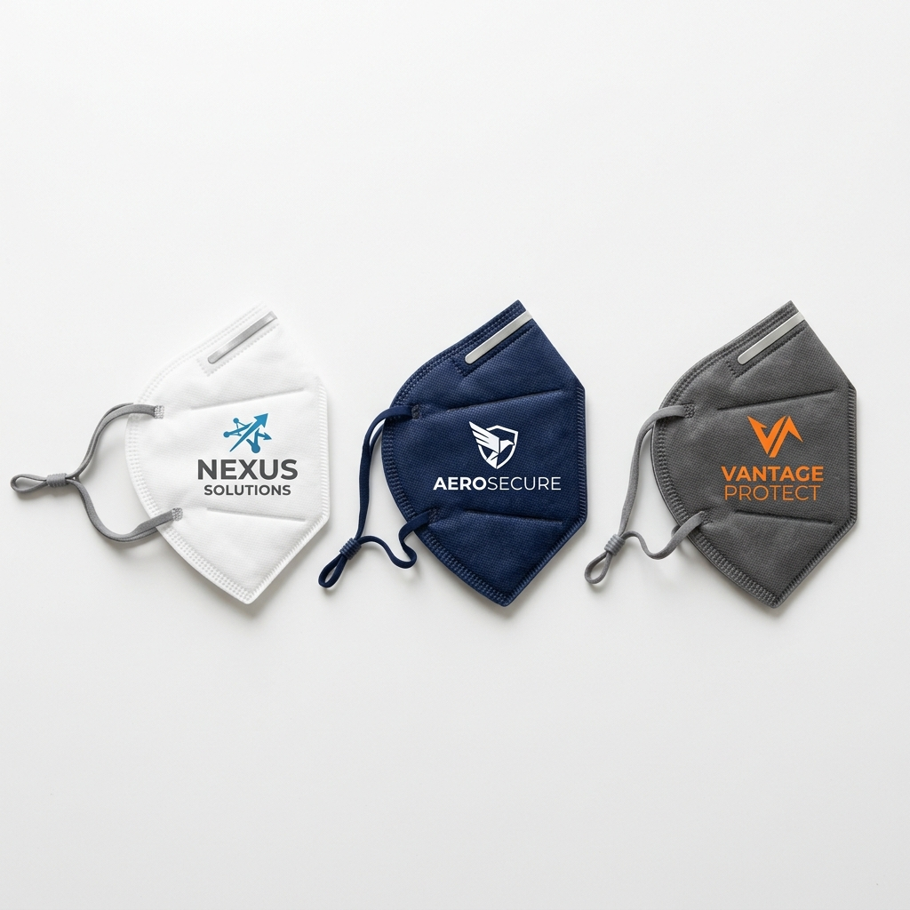 Three branded face masks are arranged side by side on a white background: a white mask labeled