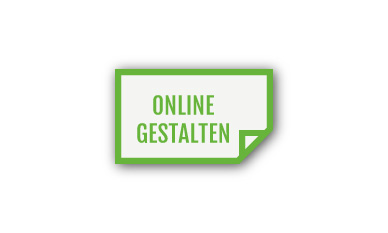 Ein rechteckiger Aufkleber mit geometrischen grünen und grauen Formen und dem Text