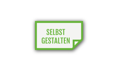 Ein rechteckiger Aufkleber mit grünen und grauen geometrischen Formen und dem deutschen Text „SELBST GESTALTEN“ auf einem dunkelgrauen Streifen am unteren Rand.